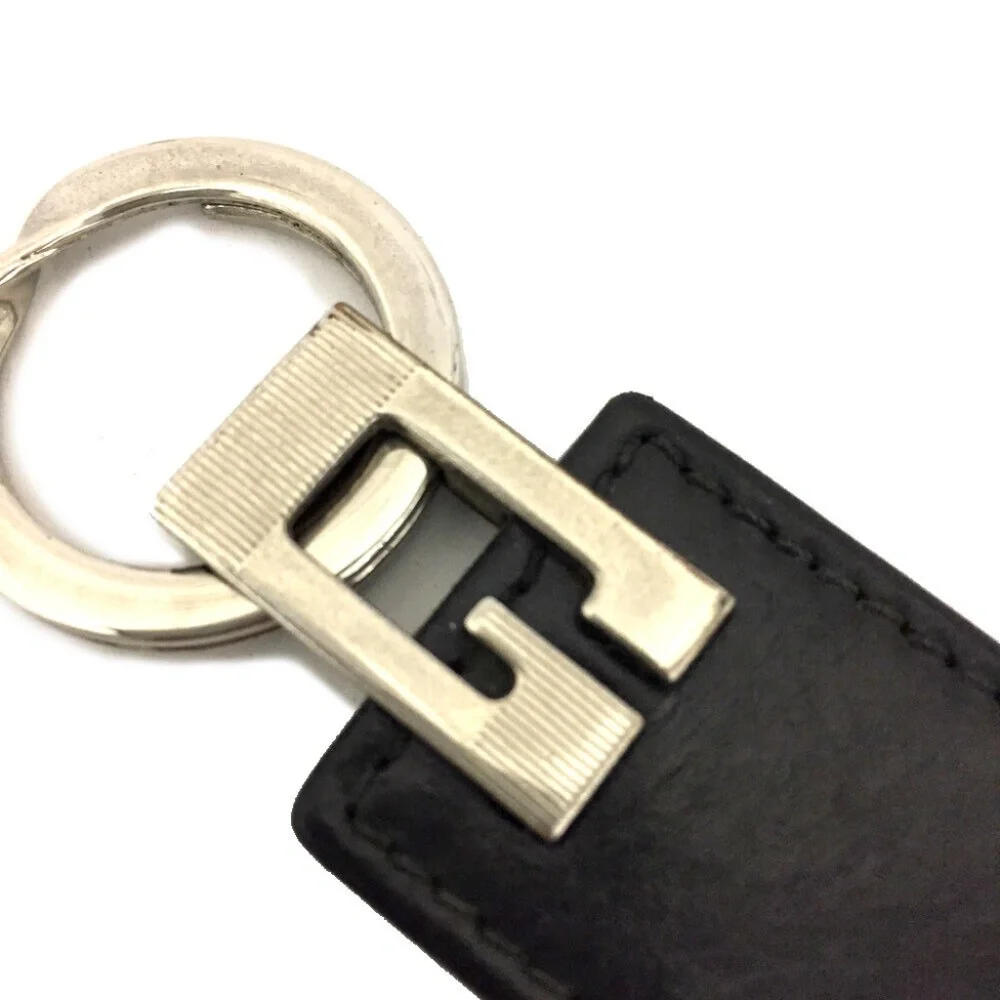 GUCCI Logo Silver Metal Tone Leather Key Holder Charm Unisex Vintage Authentic